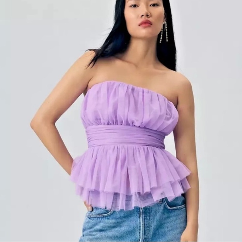 Anthropologie Lavender Strapless Ruffle Peplum Top